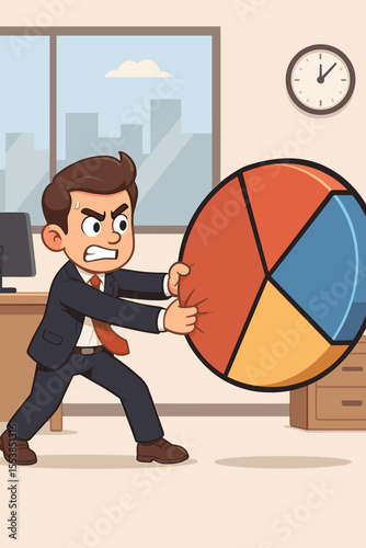 Angry businessman competing for market share. Business competition metaphor with a manager pulling a large pie chart. Corporate struggle for sales, profit, and growth. Vector.