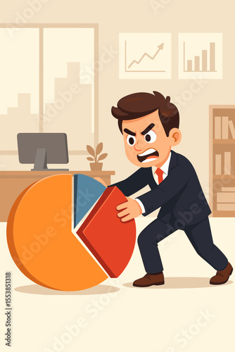 Market share competition metaphor. Aggressive cartoon businessman taking a slice of a large pie chart. Business concept for profit, growth, data analysis, and competitive advantage.
