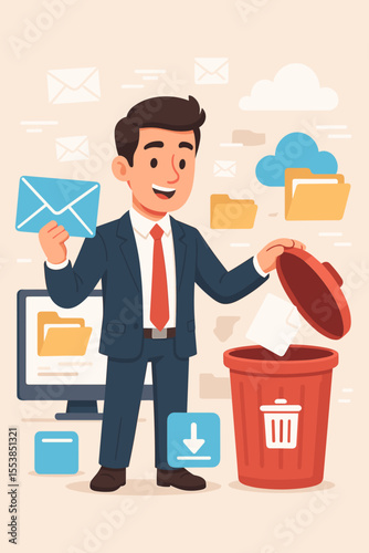 Businessman deleting spam and junk mail, cleaning inbox. Concept of email and digital file management. Office worker character organizing computer data and throwing away files. Cartoon vector.