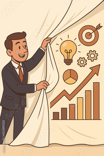 Concept of business strategy presentation. Businessman pulls curtain to reveal symbols of success: growth chart, lightbulb idea, target, and gears. Vector innovation concept.