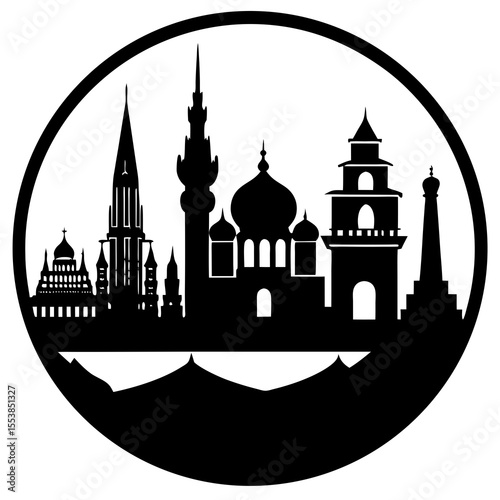 Silhouette of Iconic World Landmarks and Cultural Monuments in Circular Frame Representing Global Architecture Travel Destinations Historic Structures Tourism and International Heritage Sites