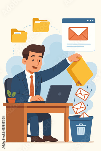 Email management concept. Businessman deleting spam mail, cleaning inbox for productivity. Digital decluttering, data organization. Office worker throwing junk mail into trash bin.