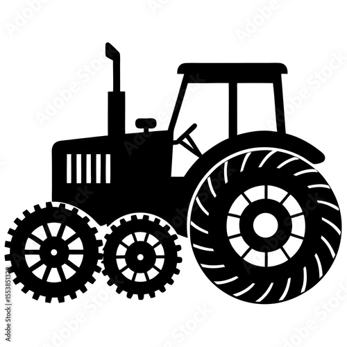 Silhouette Illustration of Farm Tractor with Large Tires and Mechanical Gears for Agriculture Machinery Concept, Rural Farming Equipment, Harvest, and Heavy Vehicle Icon in Black and White Design
