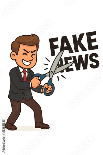 Fake news concept of a man cutting text with scissors. Stopping misinformation and disinformation. Businessman fighting propaganda and false information. Censorship and media literacy.