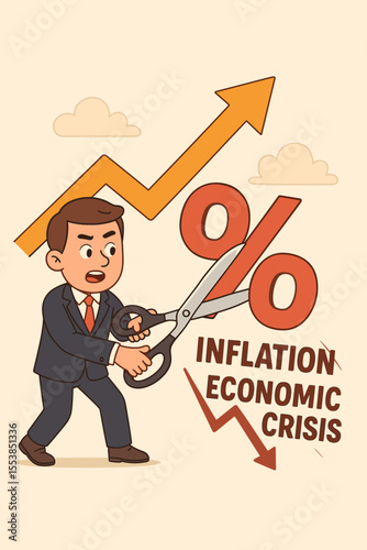 Businessman cutting interest rate percentage symbol to stop inflation and economic crisis. Financial concept of fighting recession with monetary policy. Vector cartoon illustration.