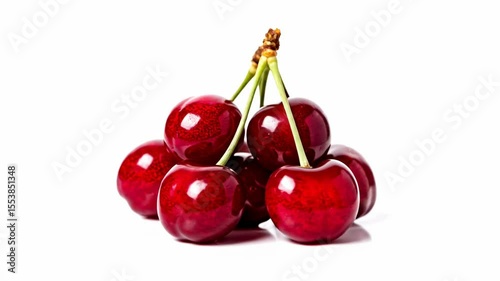 Red cherries cluster against a white background highlighting their vibrant color and shiny texture