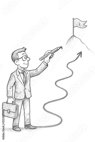 Businessman drawing a career path to success. Metaphor for ambition, planning, and achieving goals. Hand drawn pencil sketch vector of a man creating his own strategy to the top.
