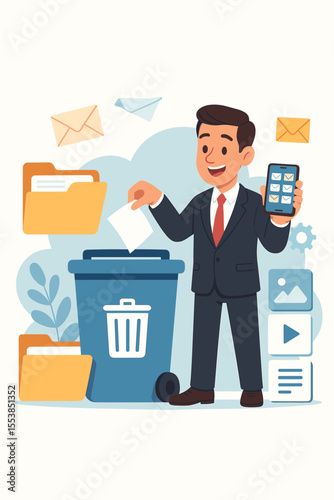 Email management and digital file organization concept. Businessman character deleting spam and unnecessary documents. Data cleaning, inbox declutter, and information hygiene vector.