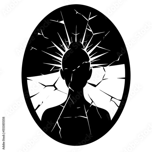 Silhouette of Woman with Cracked Glass Effect Representing Mental Health Breakdown Stress Anxiety and Emotional Struggle in Black and White Vector Ideal for Psychology Therapy and Awareness Designs