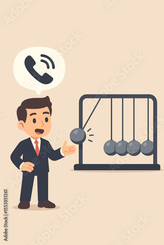 Businessman shows communication impact with Newton's cradle. A metaphor for cause and effect, chain reaction in business. Phone call triggers a process. Cartoon vector concept.