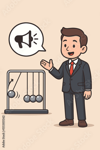 Businessman with Newton's cradle explaining cause and effect. Communication and marketing metaphor for chain reaction, influence, and impact. Vector cartoon illustration concept.