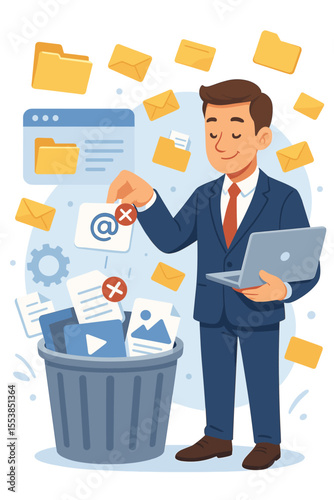 Businessman managing digital files and deleting unnecessary emails. Concept of data organization, inbox cleanup, and productivity. Character throwing junk mail and spam into the trash.