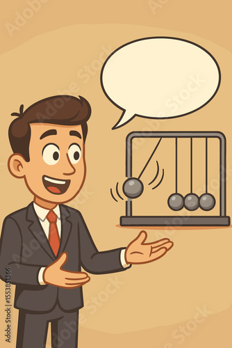 Businessman explains cause and effect using Newton's cradle. Business metaphor for chain reaction, impact, and communication. Vector cartoon character with blank speech bubble.