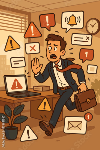 Stressed businessman escaping annoying notifications and alerts. Overwhelmed by digital distractions, information overload, and work pressure. Office worker burnout concept vector cartoon.
