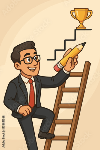 Businessman creating his own path to success. Man climbing a ladder draws stairs with a pencil to reach a goal trophy. Concept of career growth, development, ambition, and achievement.