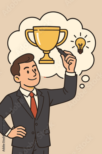 Confident businessman visualizes success by drawing a trophy and lightbulb idea. Positive mindset, goal setting, and ambition concept for achievement. Vector cartoon character illustration.