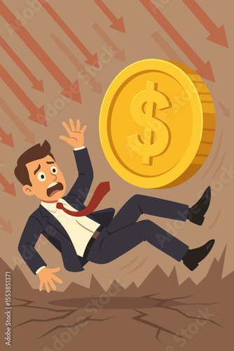 Scared businessman falling with heavy dollar coin. Metaphor for economic crisis, financial recession, and business failure. Concept of debt, bankruptcy, and investment risk. Down arrows.