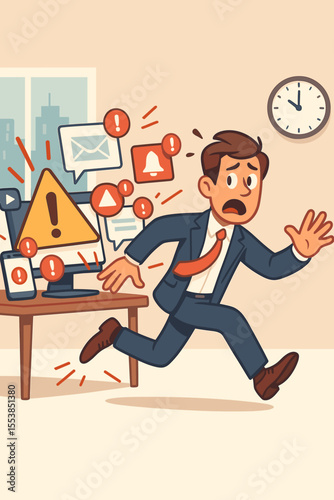 Businessman overwhelmed by information overload running from annoying notifications. Stressed employee escaping digital distraction, alerts, and spam. Burnout and digital detox concept.