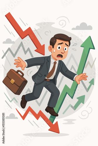 Financial crisis and stock market volatility concept with a stressed businessman. Panicked investor navigating economic recession, investment risk, and uncertainty between bull and bear trends.