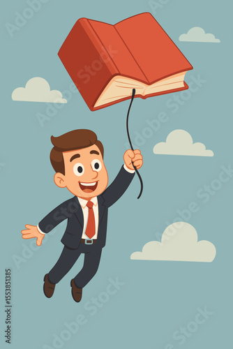 Businessman flying with a book balloon, a concept for career growth through education and knowledge. Metaphor for success, learning, self improvement and professional development.