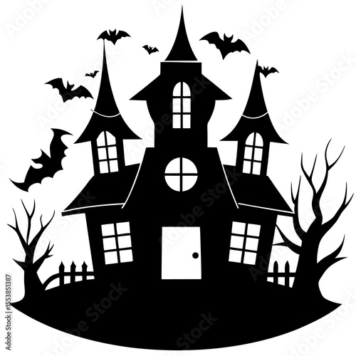 Spooky haunted house silhouette with flying bats and dead trees isolated on white background perfect for Halloween decorations party invitations horror themes and scary spooky night illustrations
