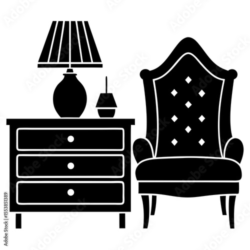 Elegant Black and White Silhouette Illustration of Classic Vintage Armchair, Wooden Nightstand with Drawers, Table Lamp, and Home Decor Accents for Interior Design and Furniture Concept
