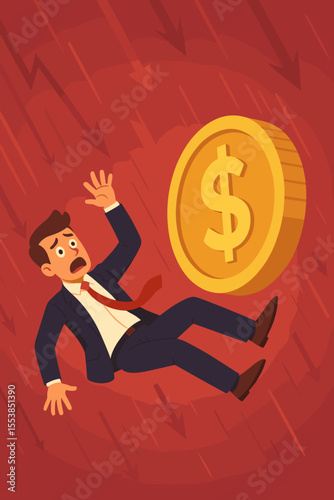 Financial crisis and economic recession concept. Scared cartoon businessman falling with a giant gold dollar coin. Metaphor for stock market crash, bankruptcy, debt and failure.
