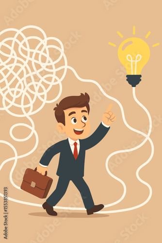 Businessman finding a clear path and creative solution to a complex problem. Concept of untangling a complicated situation to find an idea. Business strategy and innovation vector.