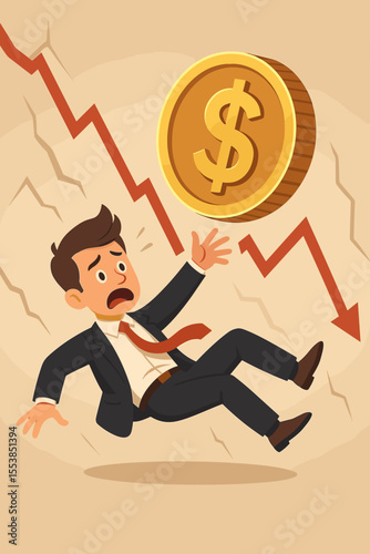 Economic crisis, recession, and stock market crash concept. Scared cartoon businessman falling with a giant dollar coin. Financial collapse, bankruptcy, investment loss, and risk.