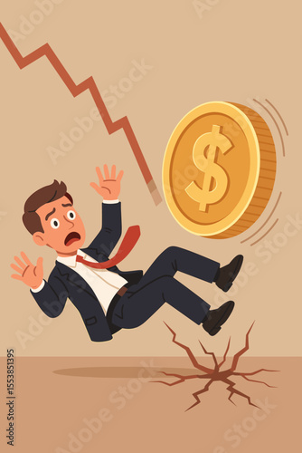 Financial crisis metaphor. Scared businessman falling down. Economic recession, bankruptcy, investment risk. Dollar coin and red down arrow chart. Stock market crash concept.