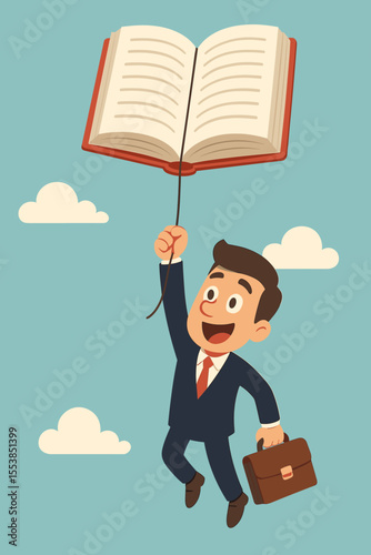 Knowledge and education for career growth concept. Happy businessman in suit flies up holding a big book like a balloon. Metaphor for success, ambition, promotion, development. Vector.
