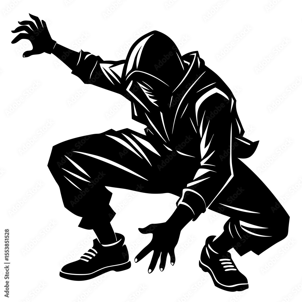 Fototapeta premium Dynamic Silhouette of Hooded Street Dancer in Crouched Urban Pose with Intense Energy Ideal for Hip Hop Culture Breakdance Designs Youth Movement Art Streetwear Branding and Music Lifestyle Themes