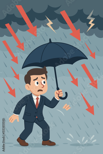 Businessman protecting from crisis with umbrella, risk management, stress, economic downturn, leadership under pressure, cartoon vector, storm, arrows, financial protection, adversity concept