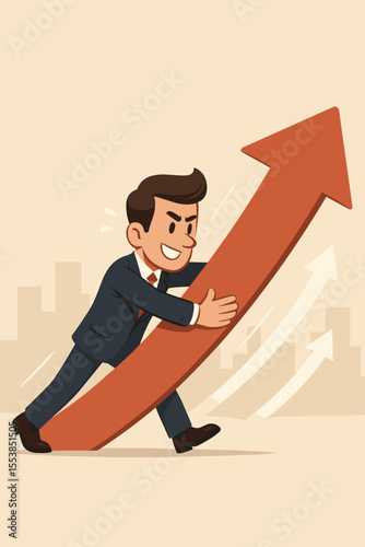 Ambitious businessman pushing upward arrow, symbolizing growth, determination, progress, leadership, business success, motivation, achievement, overcoming challenges, vector cartoon illustration