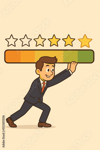 Cartoon businessman pushing customer rating bar to achieve five star review, success concept, performance improvement, business feedback, quality service, satisfaction, vector illustration