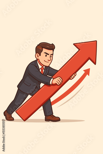 Ambitious businessman pushing upward red arrow, symbolizing business growth, success, determination, leadership, motivation, progress, achievement, financial improvement, and career advancement