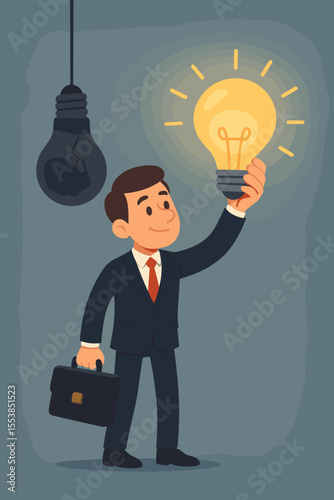 Businessman holding glowing light bulb replacing broken bulb. Innovation, creative idea, solution, new opportunity, business success, leadership, progress concept. Vector illustration