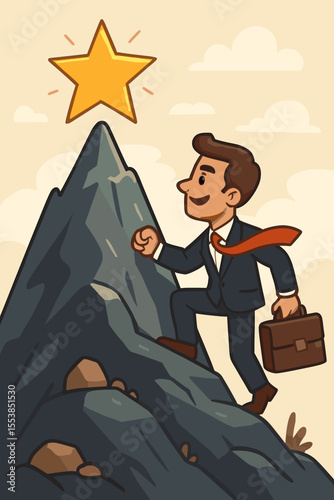 Ambitious businessman climbing mountain to reach shining star, career success metaphor, business achievement, leadership, goal setting, determination, motivation, vector cartoon illustration