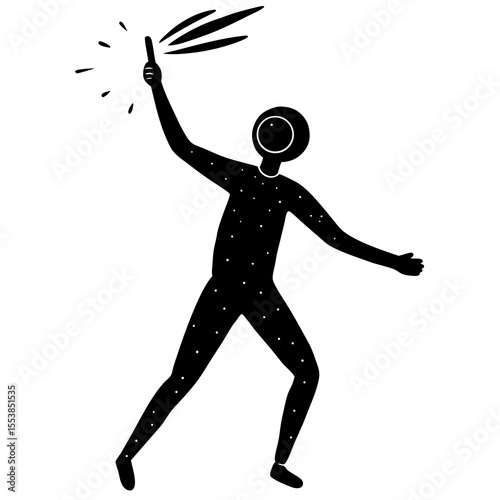 Abstract Silhouette of Stylized Human Figure Holding Wand or Sparkler in Cosmic Pattern Ideal for Creative Art Prints Fantasy Themes Sci-Fi Concepts Futuristic Designs and Unique Visual Storytelling