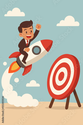 Ambitious businessman in suit riding rocket toward large bullseye target. Success, achievement, business growth, marketing strategy, goal setting, leadership, motivation. Vector cartoon illustration.