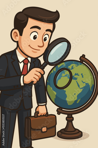 Businessman in Suit with Briefcase Using Magnifying Glass to Explore World Globe, Searching for International Business Opportunities, Global Market Research, Economic Vision, Vector Illustration