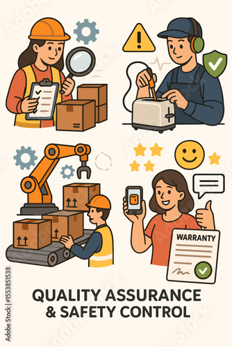 Quality Assurance and Safety Control in Manufacturing. Factory Inspection, Product Testing, Warranty, Customer Satisfaction, Automation, Worker Safety, Industrial Process, Quality Management Vector