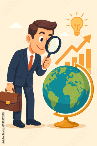 Businessman analyzing global market opportunities with magnifying glass. International business growth, economic research, investment strategy, worldwide success concept. Vector illustration