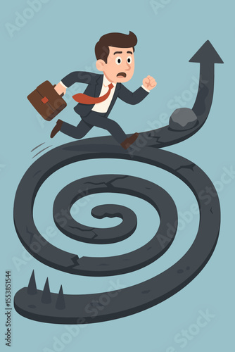 Businessman running on spiral winding road overcoming obstacles, career challenge path, business risk, perseverance, goal achievement, ambition, determination, success journey concept vector