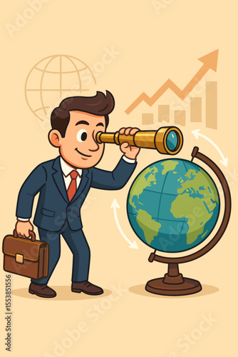 Businessman exploring global business opportunities with telescope, world globe, briefcase, growth chart, international trade, economic vision, cartoon vector illustration, success strategy