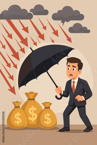 Businessman protecting money bags with umbrella from economic crisis, financial downturn, risk management, investment security concept, cartoon vector illustration, crisis prevention strategy