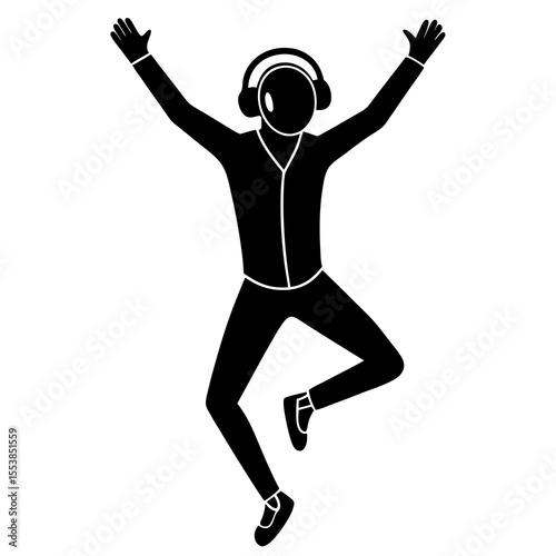 Silhouette of Joyful Person Jumping with Headphones in Energetic Pose Representing Music Passion Freedom Youth Lifestyle Party Vibes and Modern Entertainment in Black and White Vector Illustration