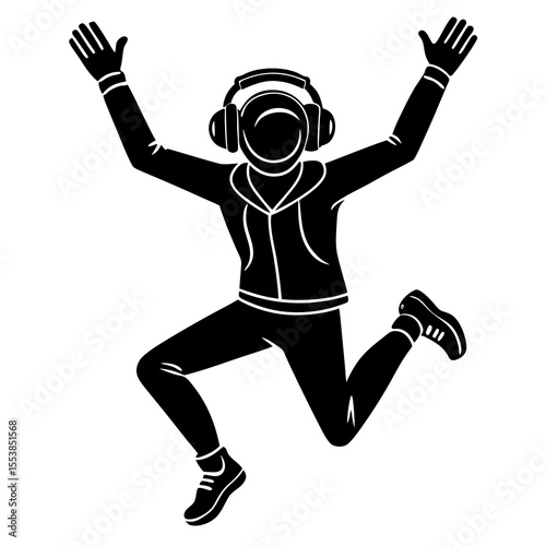 Silhouette of Energetic Person Jumping with Headphones in Joyful Pose Representing Music Enjoyment Urban Lifestyle Youth Culture Freedom and Modern Entertainment in Black and White Vector Style