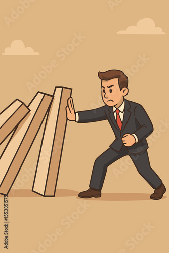Businessman stopping falling domino effect, risk management, crisis prevention, leadership concept, cartoon vector illustration, problem solving, business strategy, obstacle, solution metaphor