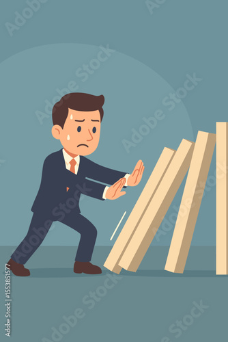 Businessman stopping falling dominoes to prevent crisis, risk management concept, leadership, problem solving, intervention, business strategy, cartoon vector illustration, chain reaction metaphor